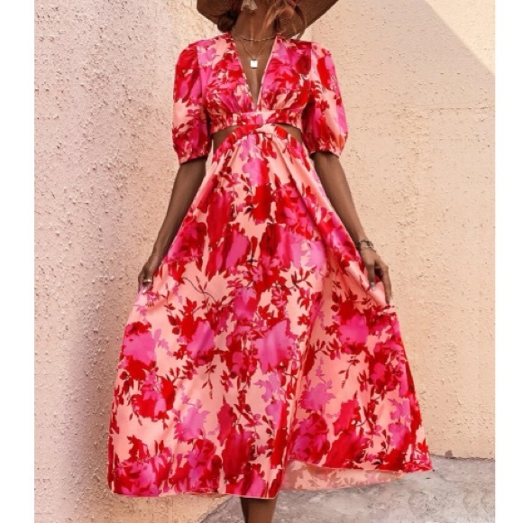 Boho red floral print cutout maxi dress - Picture 7 of 8